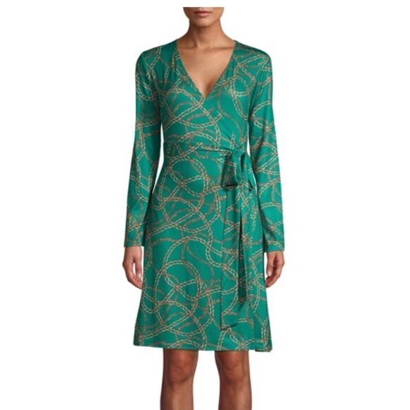 C. Wonder Chain Print Ultra Marine Green Long Sleeve Self Tie Wrap Dress Size S - Picture 3 of 7
